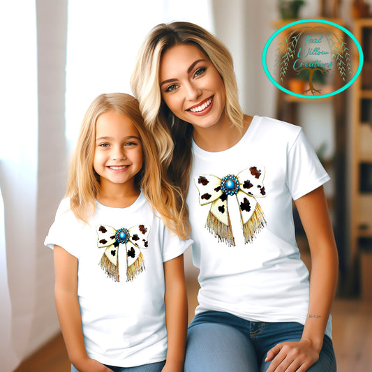 Mommy and Me Cow Print Bow with Fringe